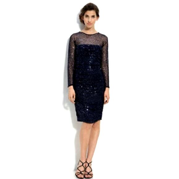 Tadashi Shoji Illusion Bodice Sequin Mesh Sheath Dress XS Black - Picture 8 of 8